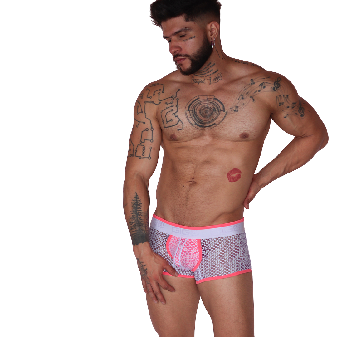Front view of Gigo fuchsia net fabric trunk with white waistband and neon pink trim on a tattooed male model.