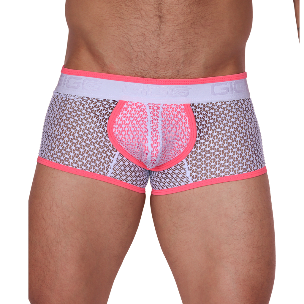 Front view of Gigo fuchsia and white mesh net trunk underwear with logo waistband and contrasting trim.