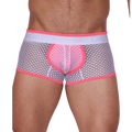 Front view of Gigo fuchsia and white mesh net trunk underwear with logo waistband and contrasting trim.