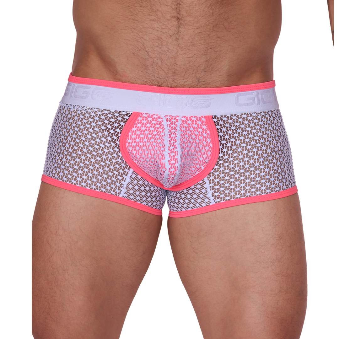 Front view of Gigo fuchsia and white mesh net trunk underwear with logo waistband and contrasting trim.