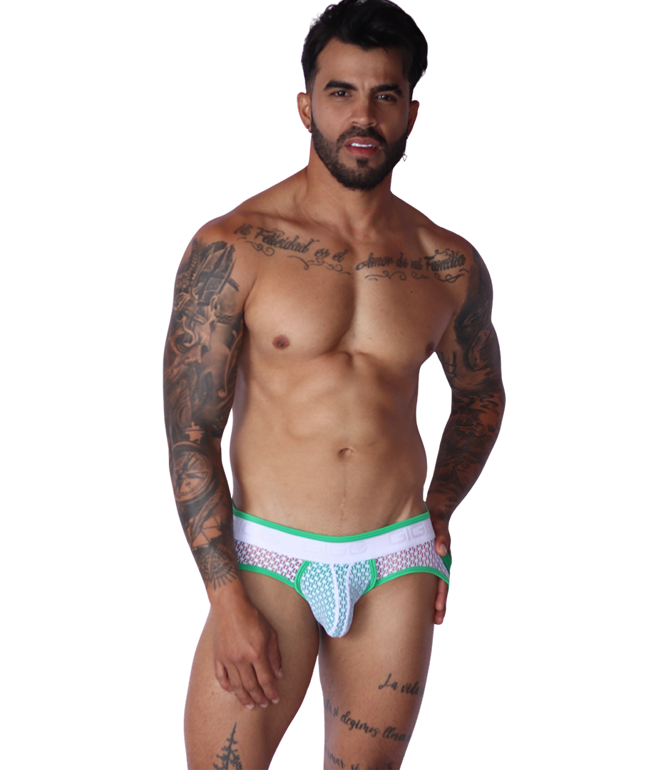 Front view: Gigo green net jock thong with white waistband, featured on a muscular tattooed model.
