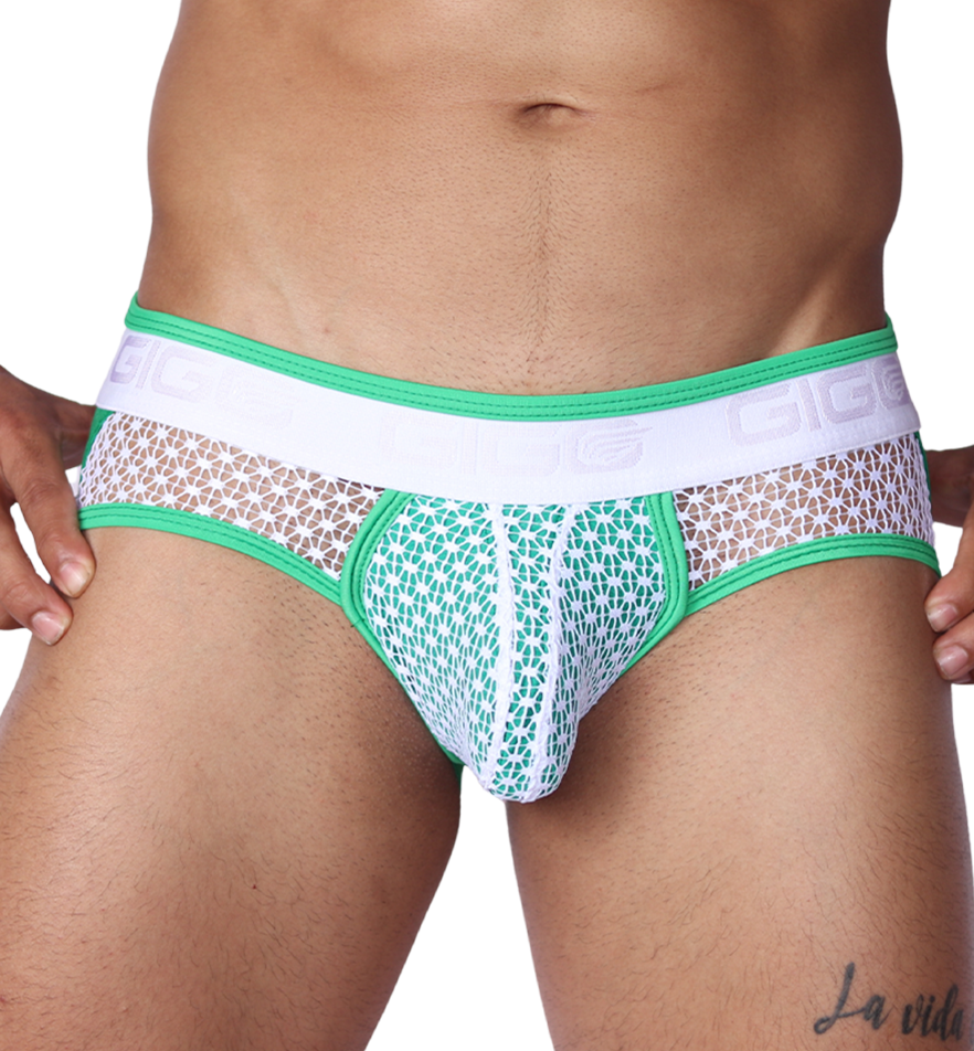 Front view of Gigo green and white net jock thong with signature logo waistband and breathable mesh fabric.