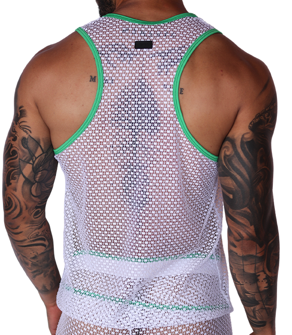 Back view of Gigo men's white net tank top with green trim and racerback detail.