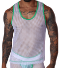 Front view of Gigo menâ€™s white fishnet mesh tank top with green trim detailing.