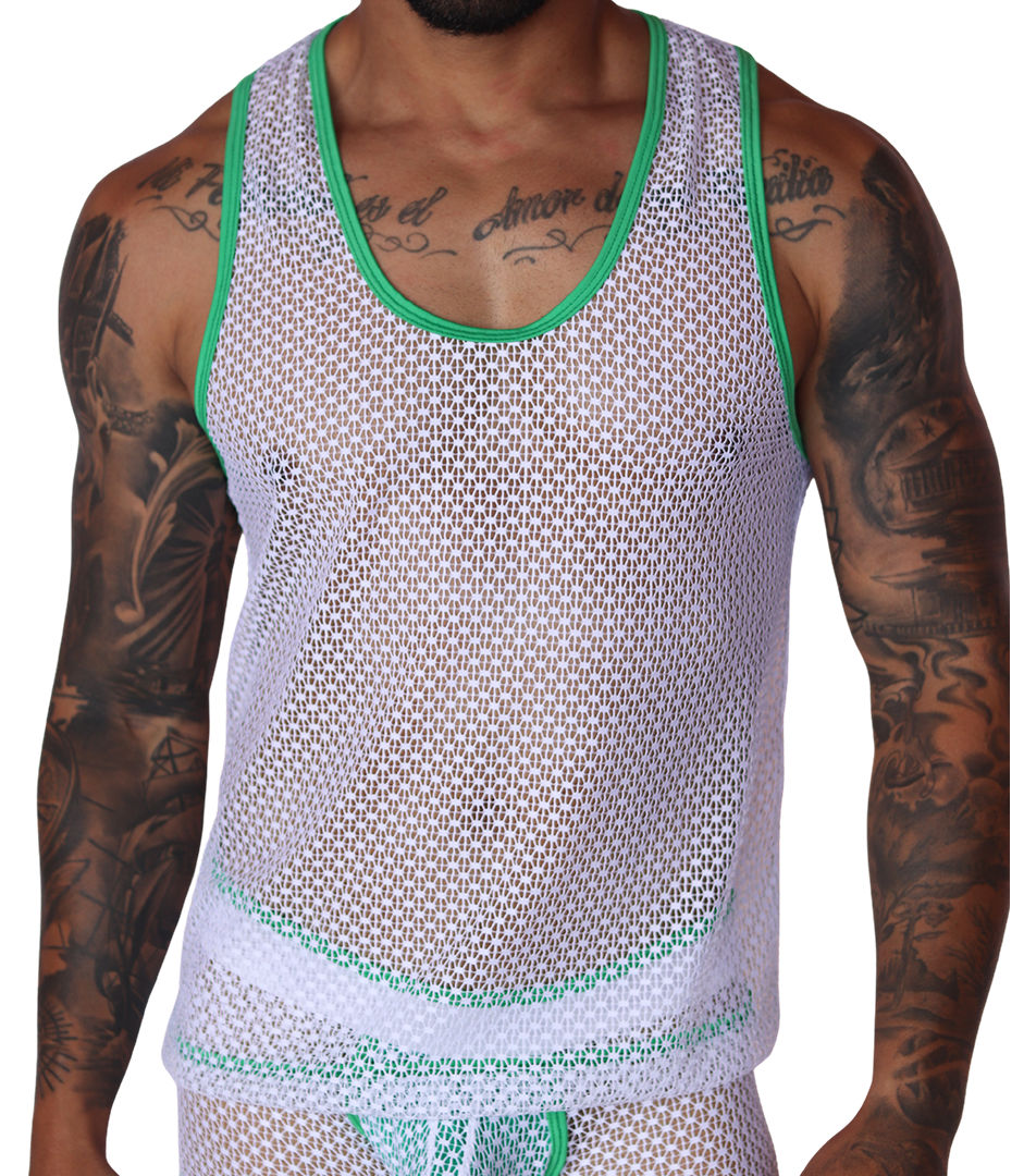Front view of Gigo menâ€™s white fishnet mesh tank top with green trim detailing.