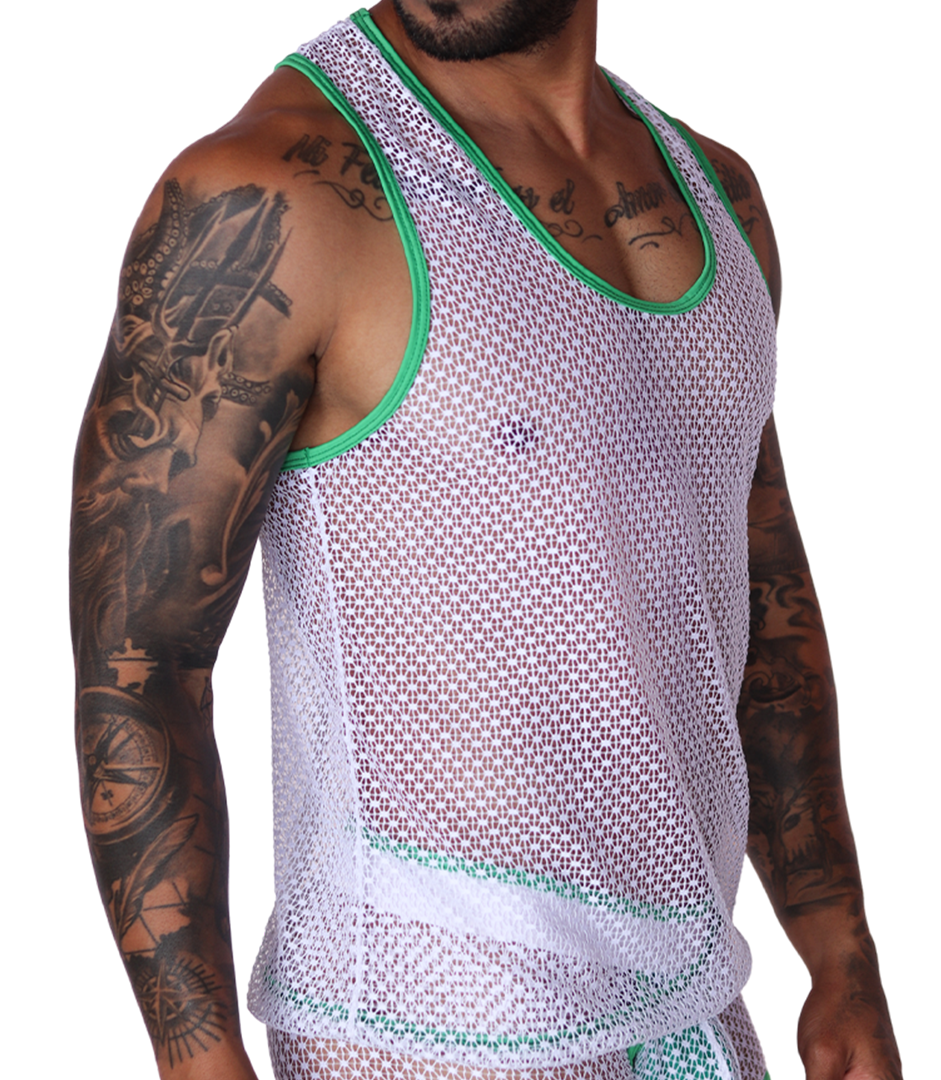 Side view of Gigo men's white fishnet mesh tank top with green trim detailing.