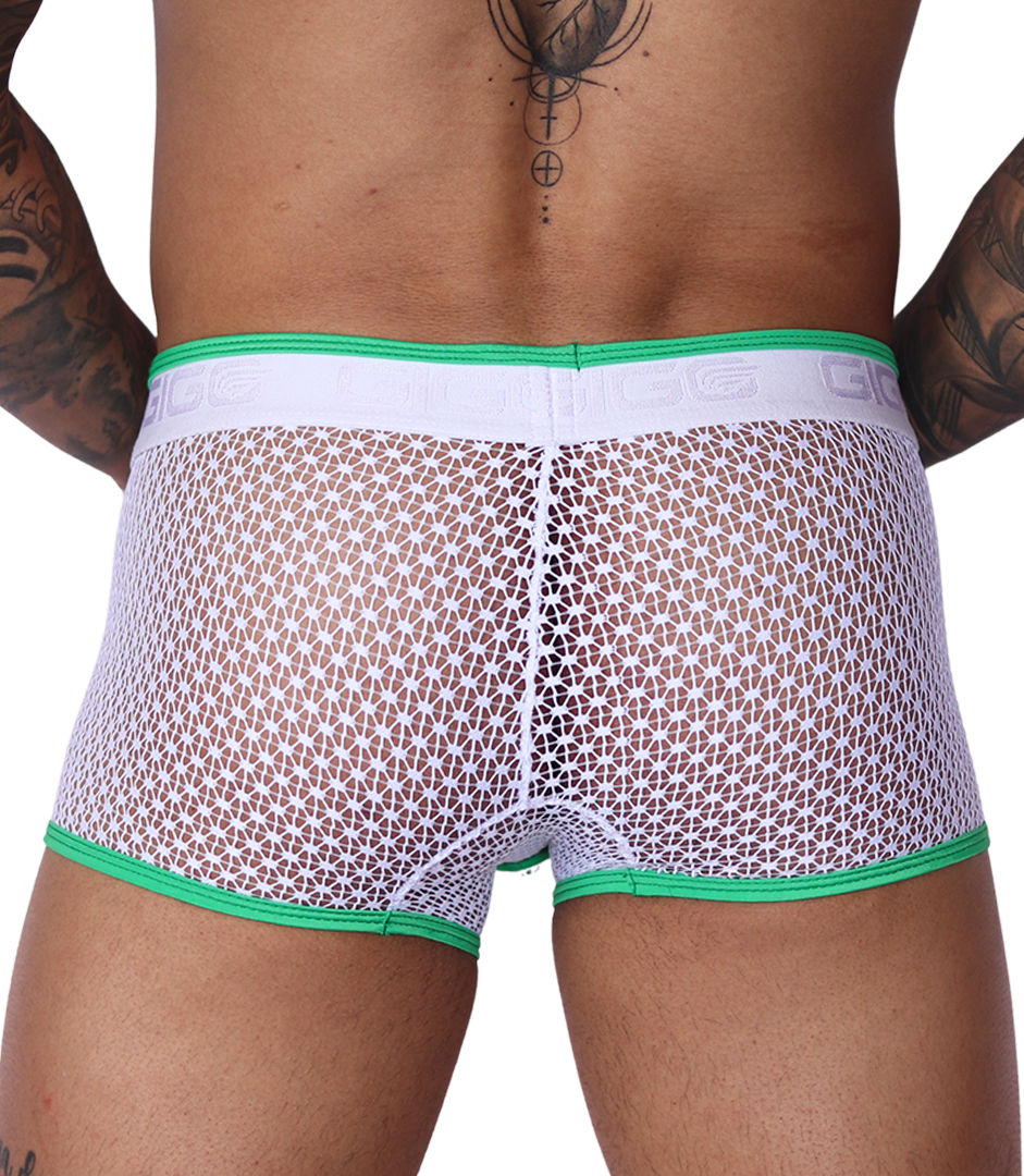 Back view of Gigo green and white net fabric trunk underwear with branded elastic waistband and green leg trim.