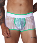 Front view of Gigo green and white net fabric trunk underwear with a branded white waistband and green trim.