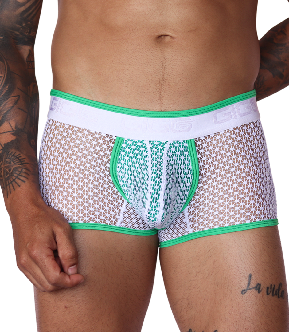 Front view of Gigo green and white net fabric trunk underwear with a branded white waistband and green trim.