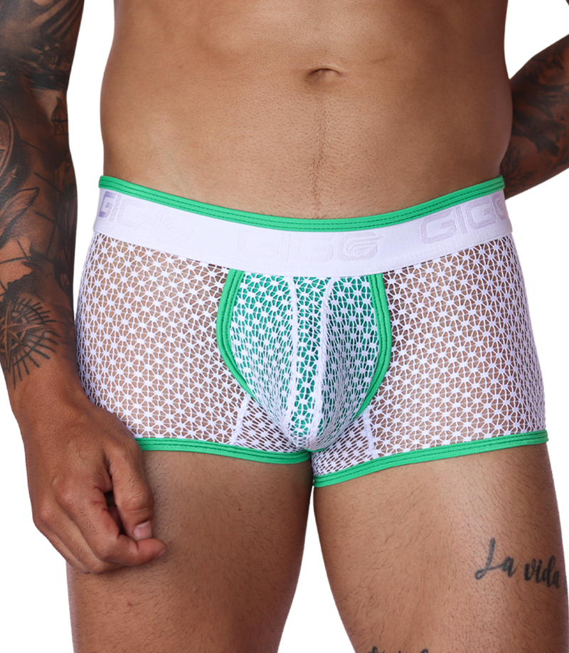 Front view of Gigo green and white net fabric trunk underwear with a branded white waistband and green trim.