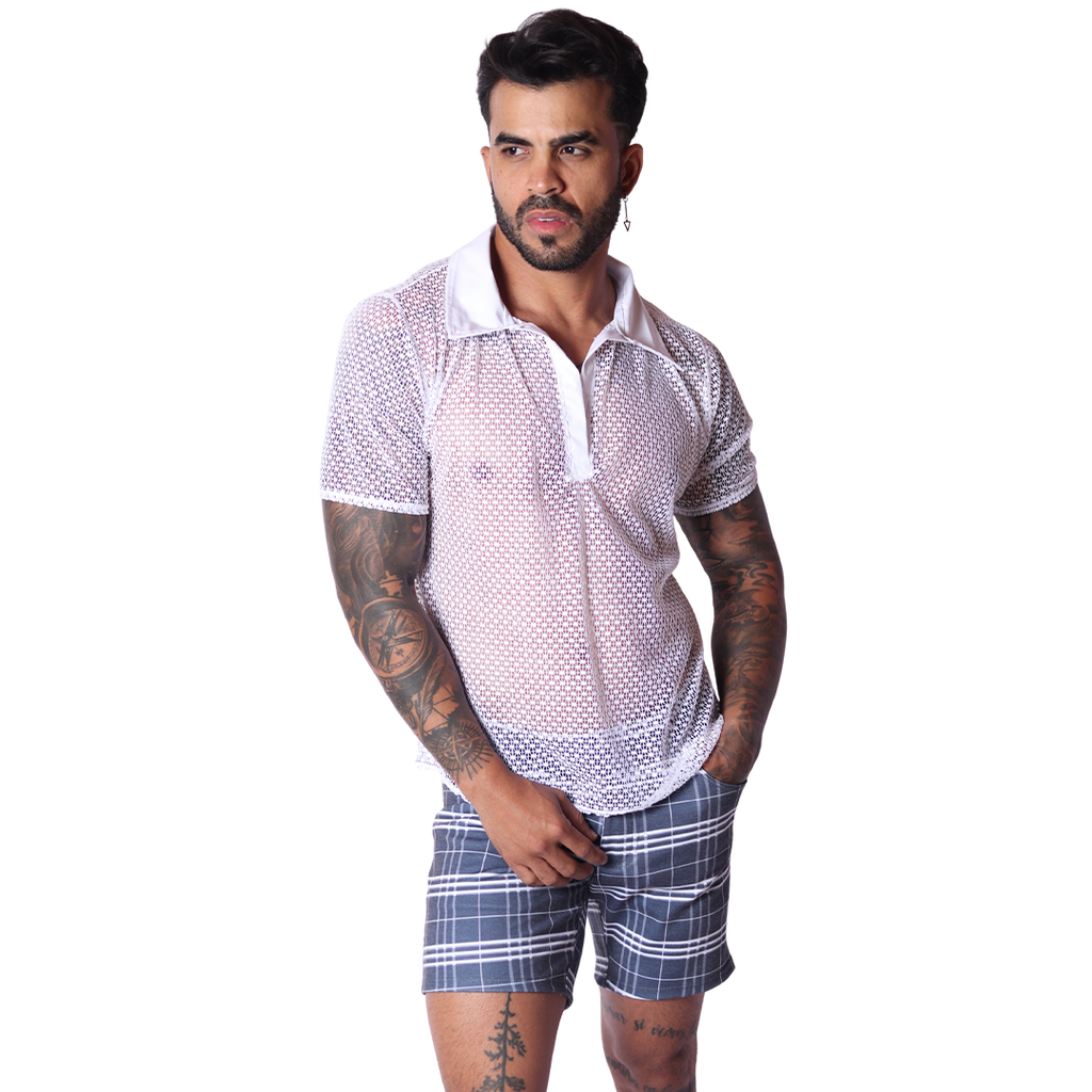 Front view of Gigo men's white net polo shirt with collar and button placket, crafted from sheer mesh fabric.