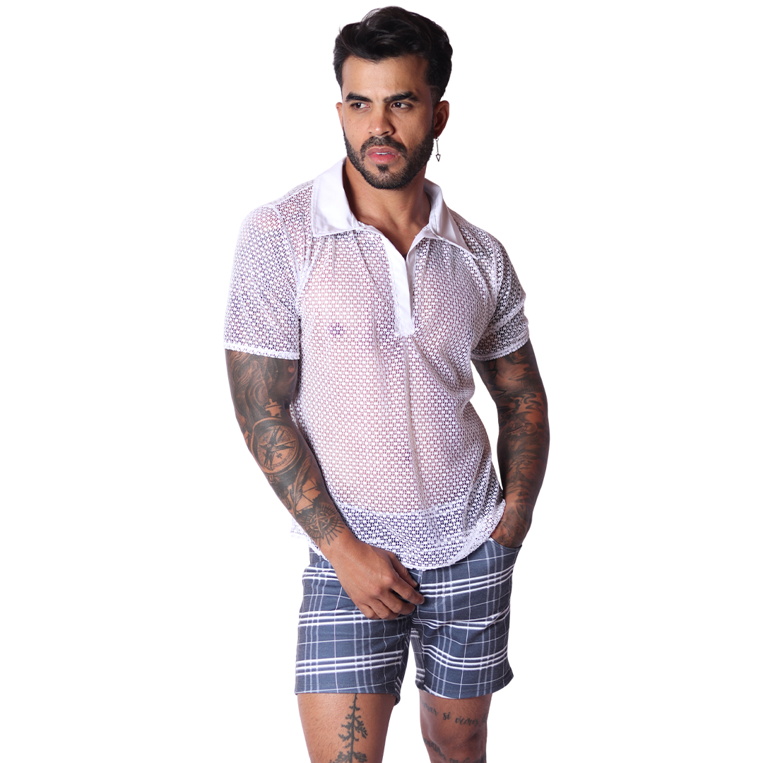Front view of Gigo men's white net polo shirt with collar and button placket, crafted from sheer mesh fabric.