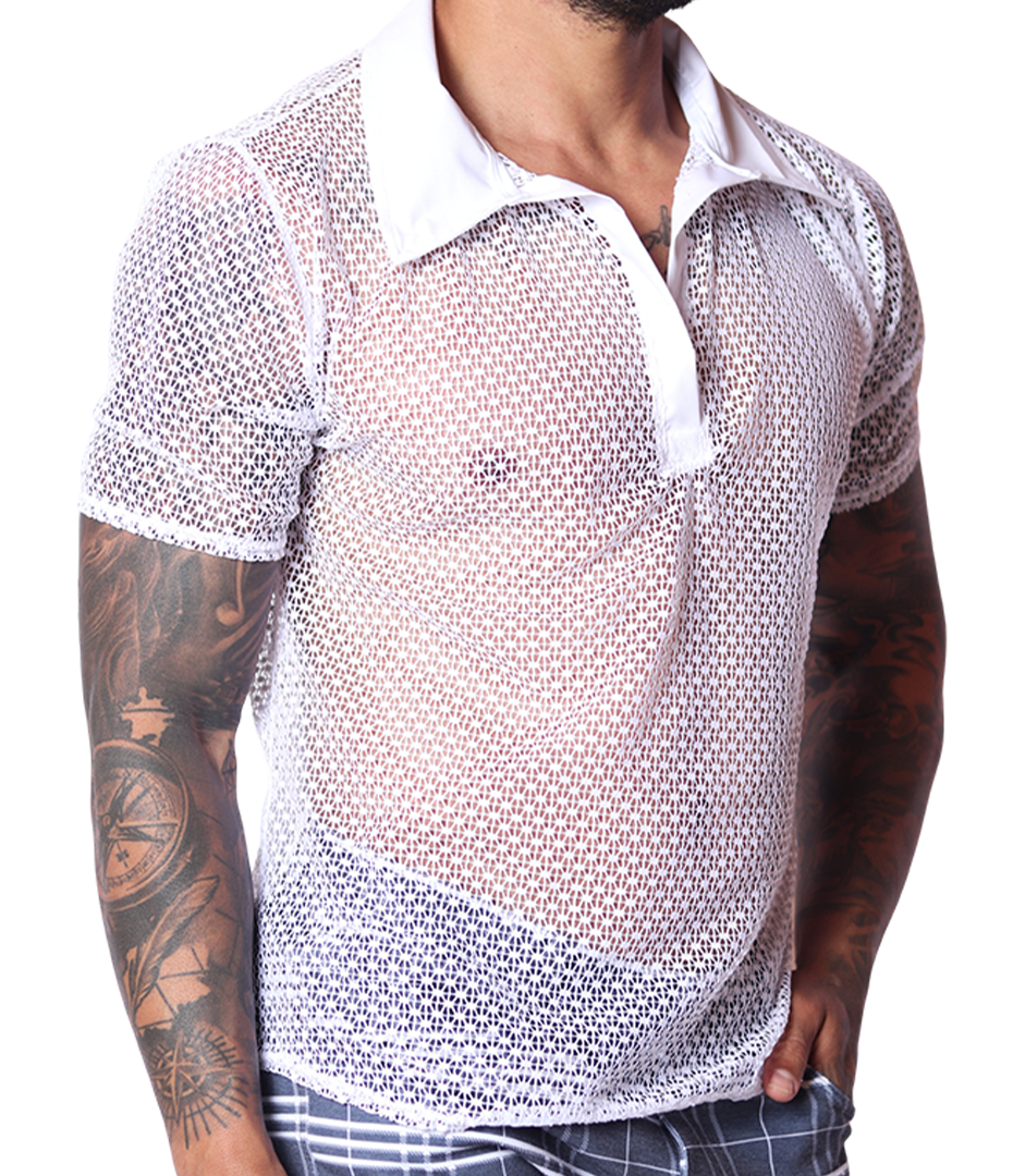 Front view of Gigo menâ€™s white net mesh polo shirt with a solid collar, featuring a semi-sheer geometric pattern.