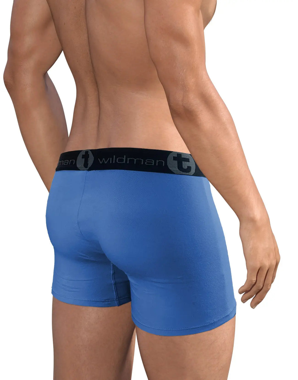 Rear view of a person wearing blue boxer briefs with a black waistband.