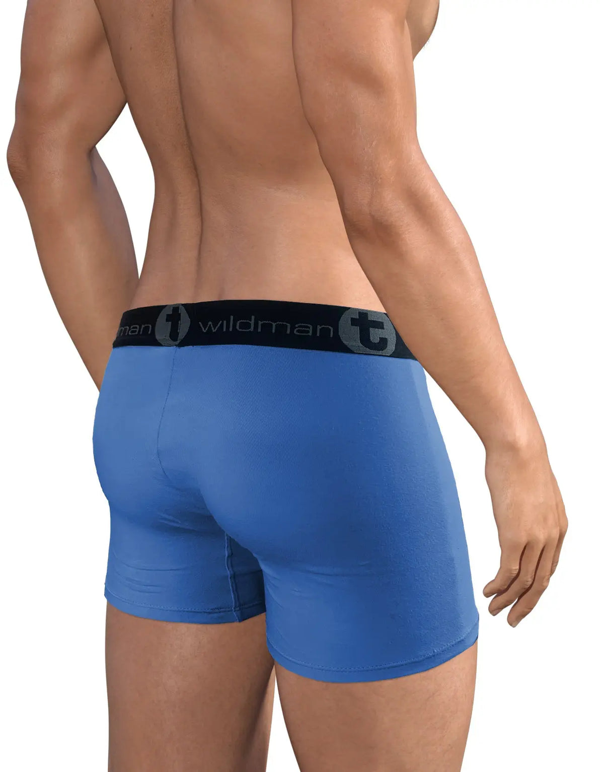 Rear view of a person wearing blue boxer briefs with a black waistband.