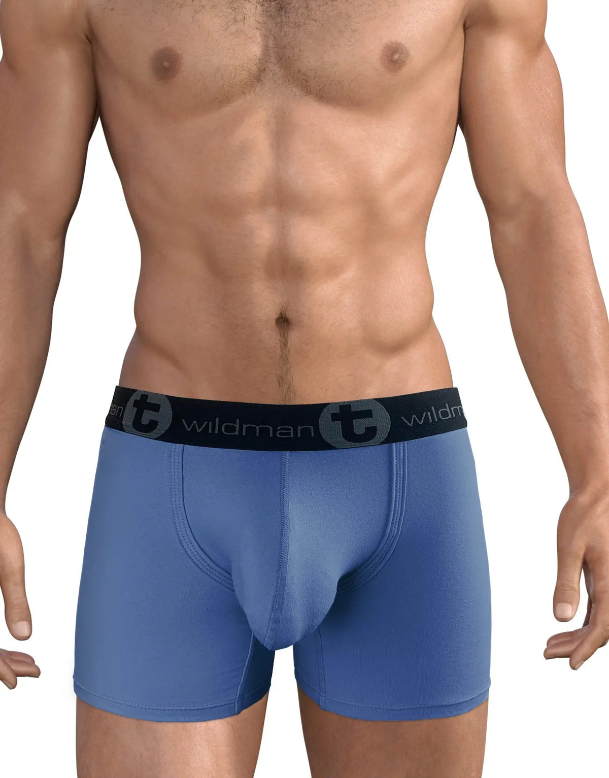 Torso of a person wearing blue boxer briefs with a black waistband.