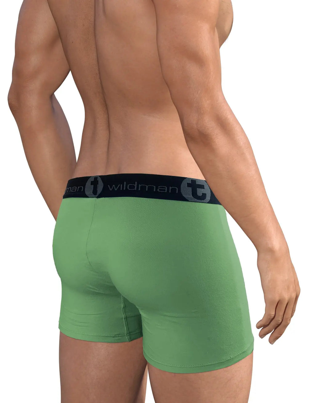 Rear view of a person wearing green boxer briefs with a black waistband.