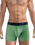 Torso of a person wearing green boxer briefs with a black waistband, on a white background.