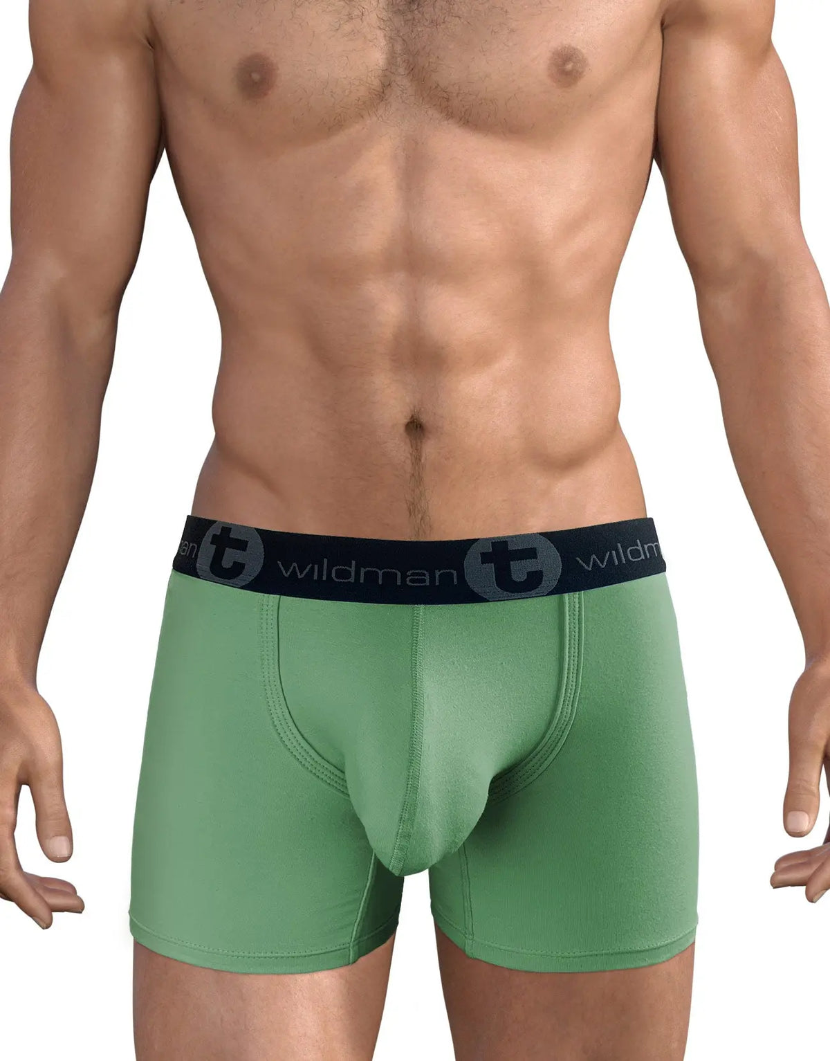 Torso of a person wearing green boxer briefs with a black waistband, on a white background.