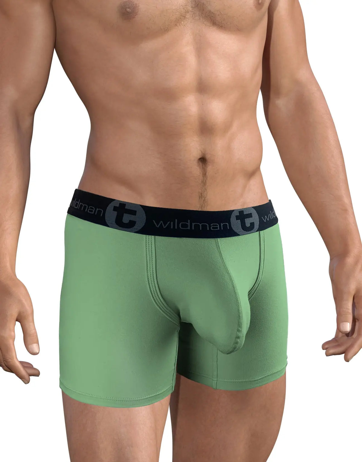 Torso of a person wearing green boxer briefs with a black waistband.