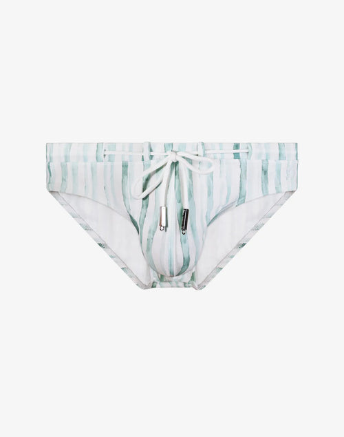 White and blue striped swim briefs with drawstring waist
