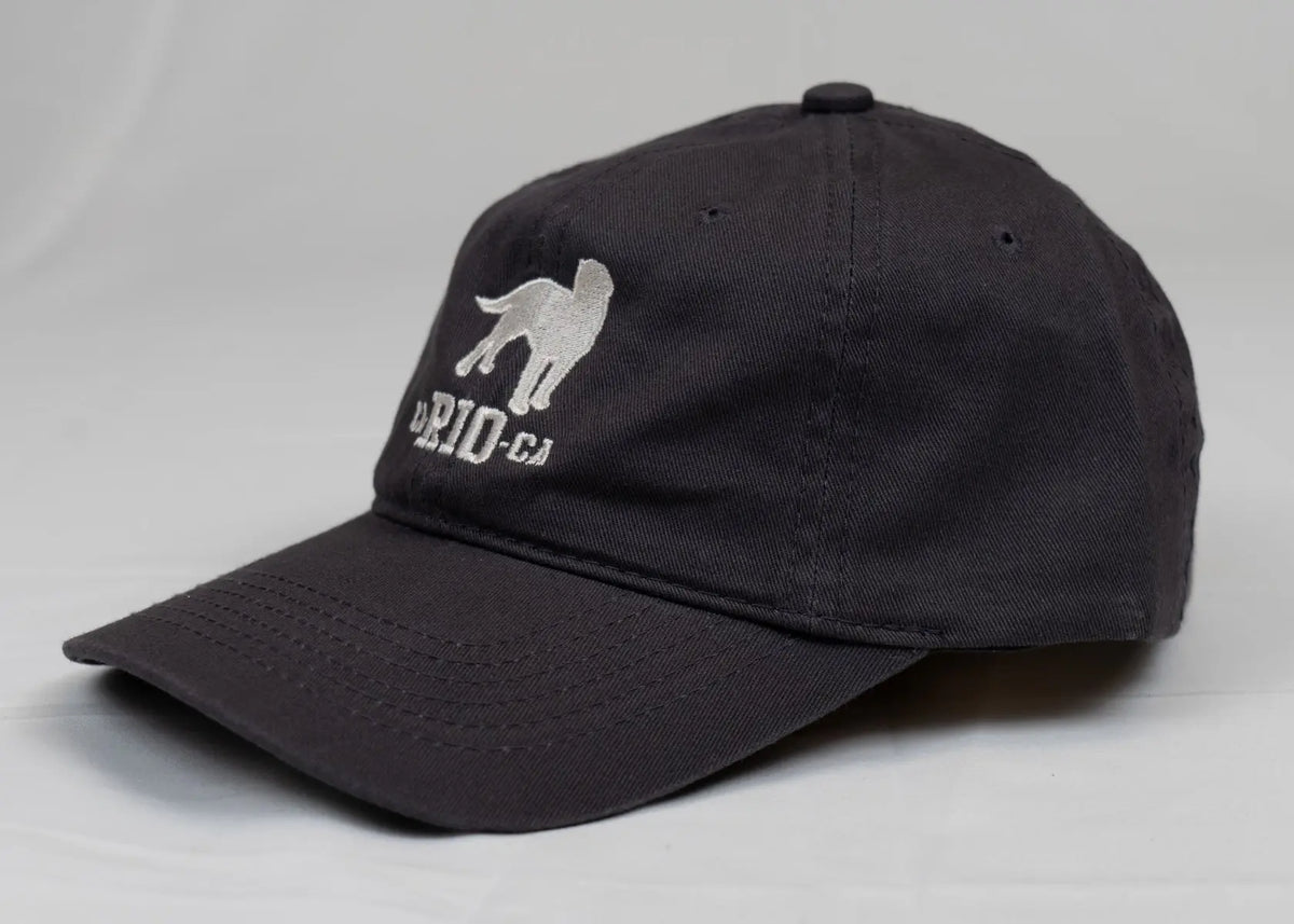 Black baseball cap with a white animal silhouette and white lettering.