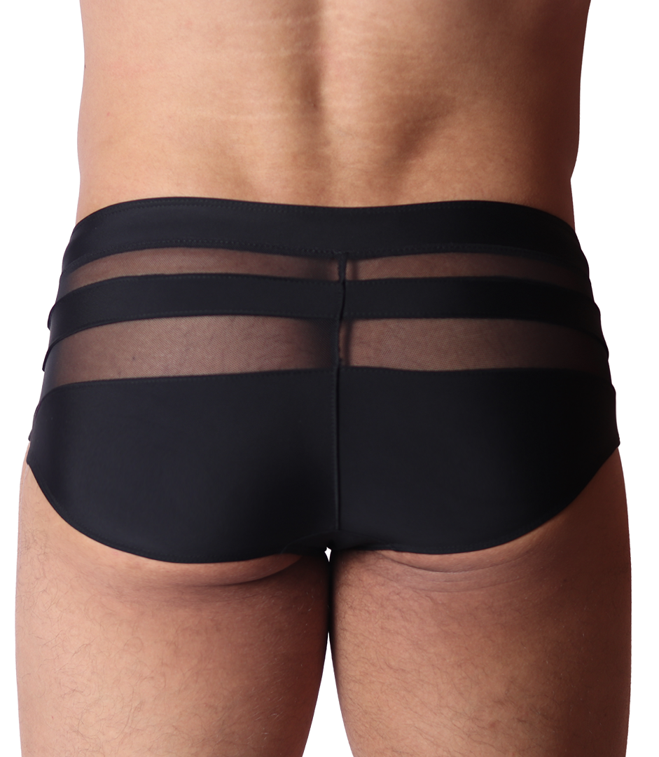 Back view of Gigo black swim brief featuring solid fabric with horizontal sheer mesh panels.