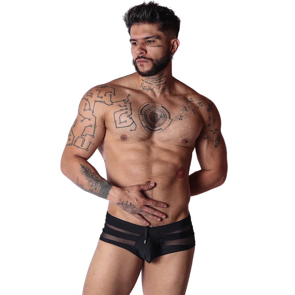 Front view of Gigo black sheer panel swim brief in smooth stretch fabric with drawstring detail.