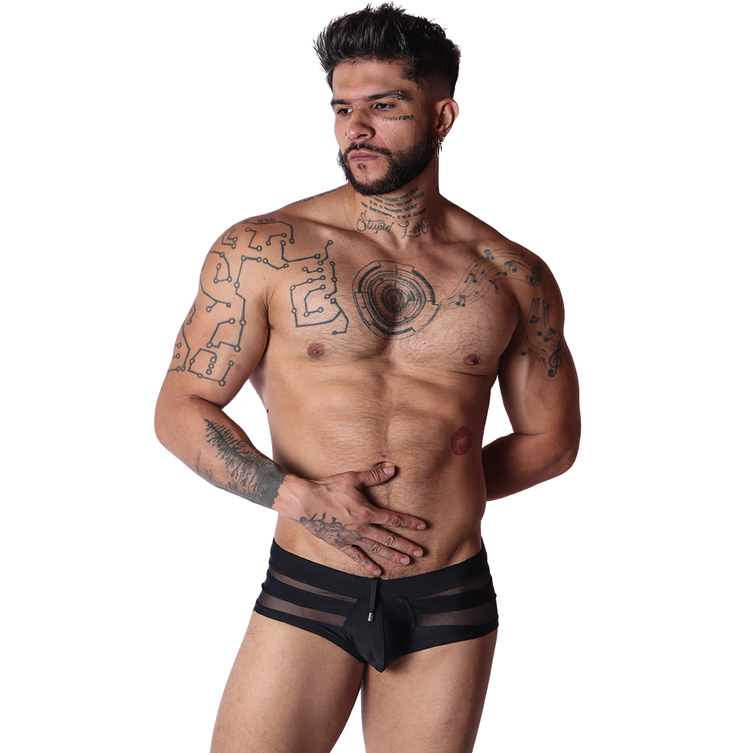 Front view of Gigo black sheer panel swim brief in smooth stretch fabric with drawstring detail.