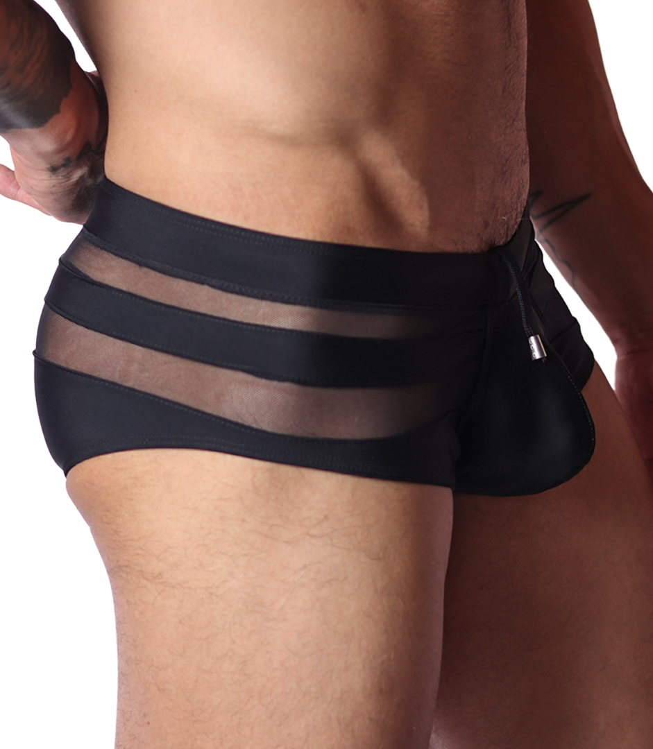 Side view of Gigo black swim brief with sheer mesh panels and solid fabric pouch.
