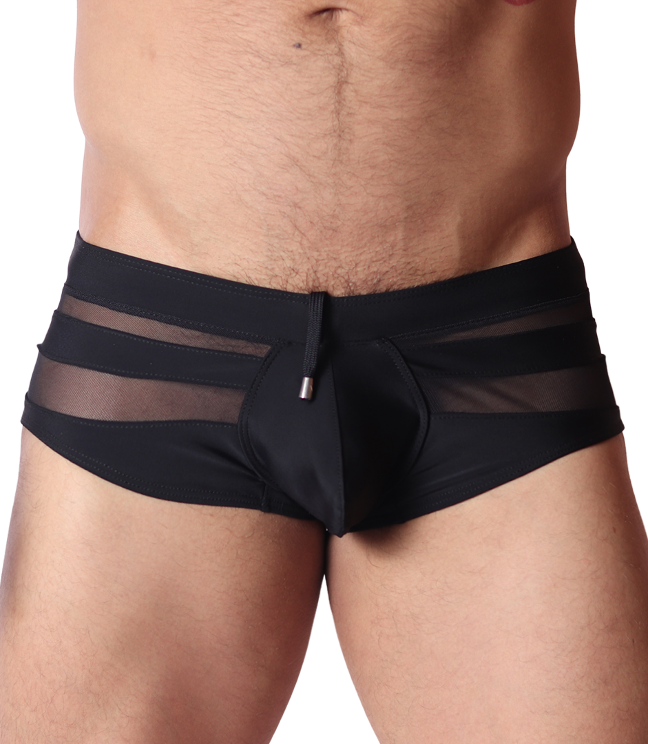 Front view of Gigo black swim brief featuring sheer mesh side panels and a center drawstring with metal detail.