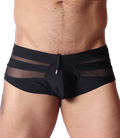 Front view of Gigo black swim brief featuring sheer mesh side panels and a center drawstring with metal detail.