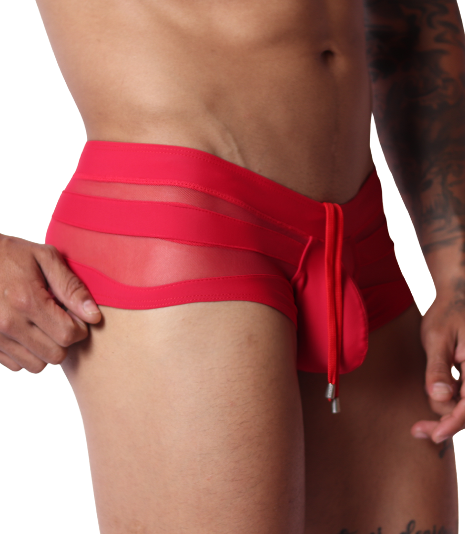 Gigo red mesh swim brief, side view, featuring panel design and drawstring front pouch detail.