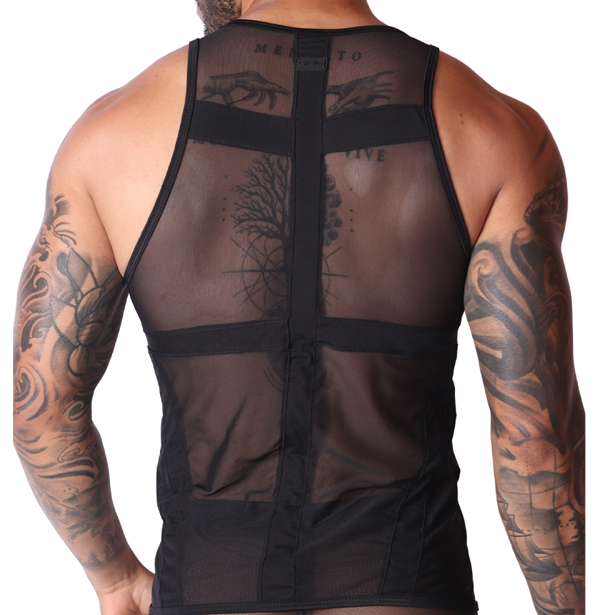 Gigo black sheer mesh panel tank top, back view, featuring structured straps and a sleek athletic fit.
