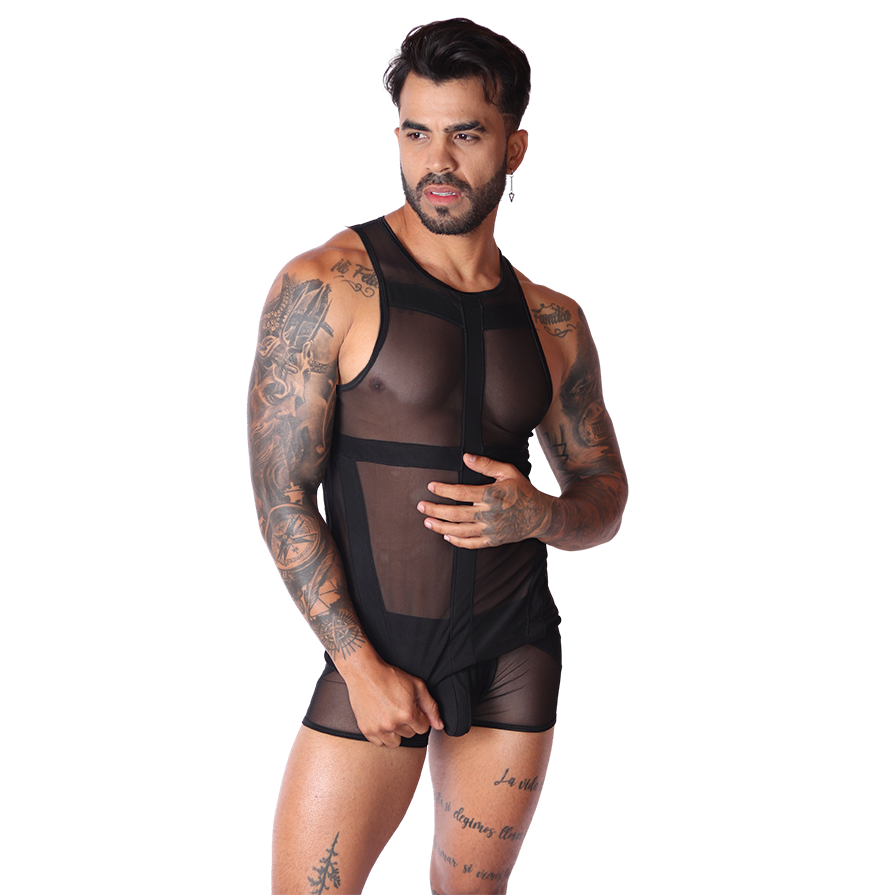 Front view of Gigo black tank top with mesh panels and solid fabric accents on a tattooed model.
