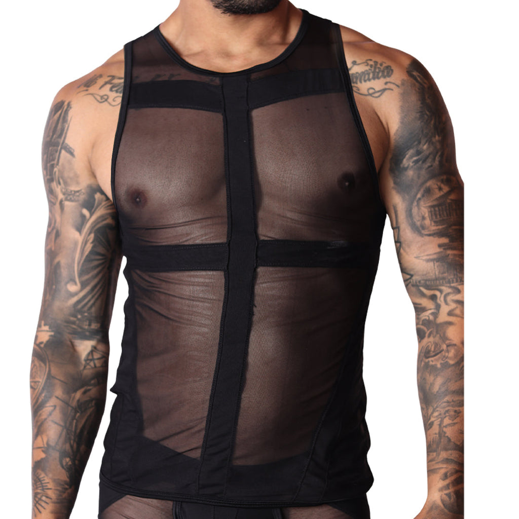 Front view of a Gigo black sheer mesh tank top with thick vertical and horizontal solid fabric panel detailing.