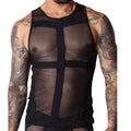 Front view of a Gigo black sheer mesh tank top with thick vertical and horizontal solid fabric panel detailing.