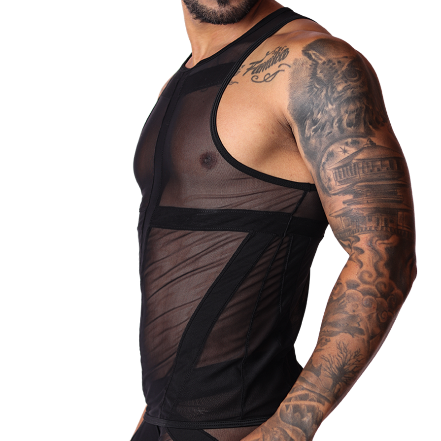 Side view of Gigo menâ€™s black tank featuring sheer mesh fabric and solid panel detailing.