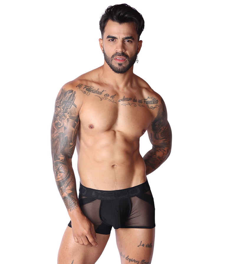 Front view of Gigo black panel trunk with mesh sides and branded waistband, showcasing the comfortable fabric design.