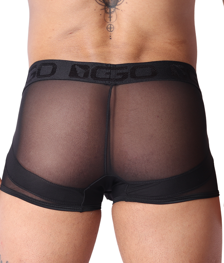 Back view of Gigo black trunk with sheer mesh fabric, solid paneling, and branded elastic waistband.