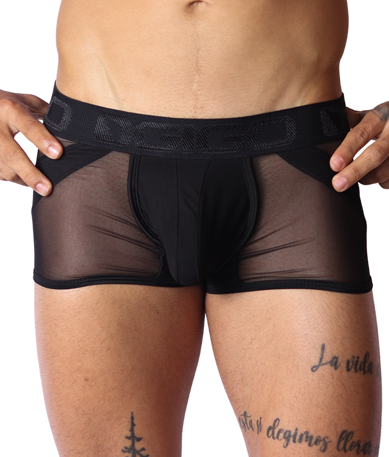 Front view of Gigo black panel trunk with sheer mesh sides and branded elastic waistband.