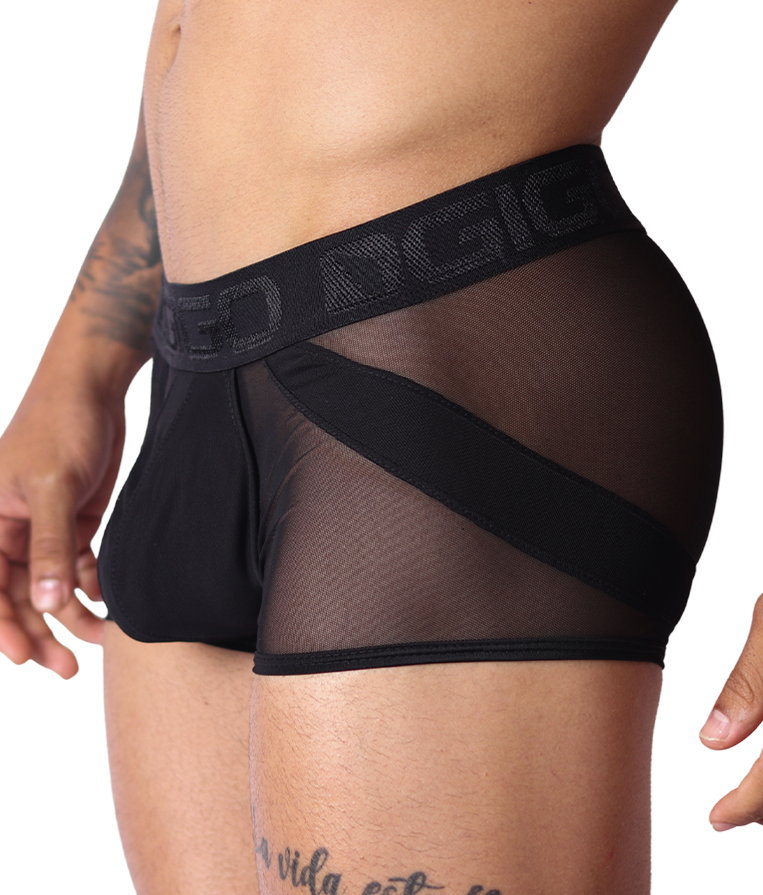 Gigo black mesh panel trunk, side view showing elastic logo waistband and opaque solid fabric front detail.