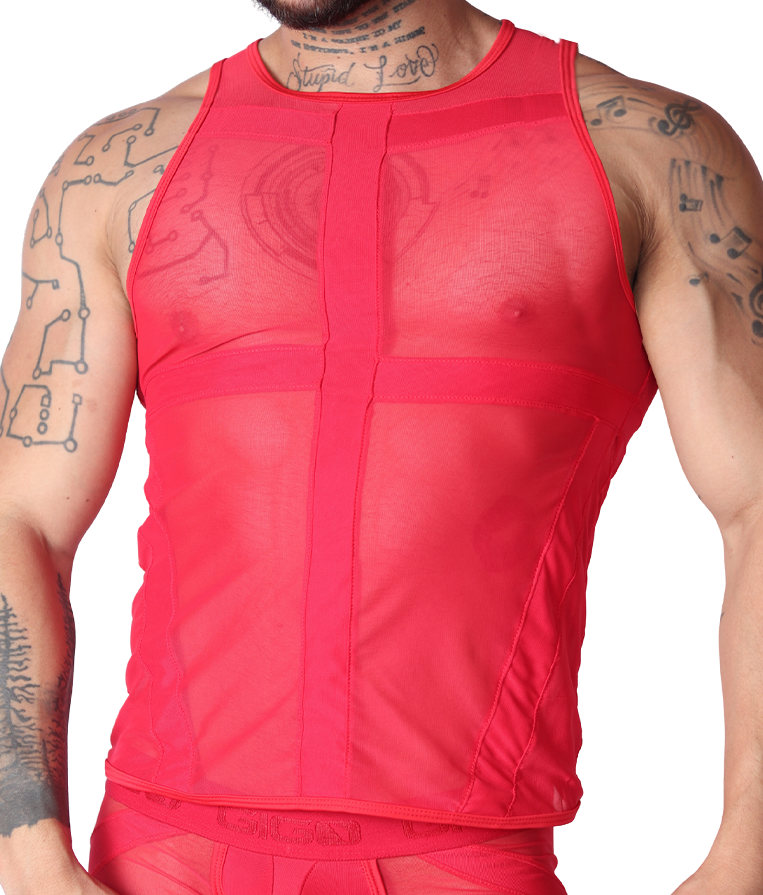 Front view of Gigo menâ€™s red sheer mesh panel tank top with solid vertical and horizontal detailing.