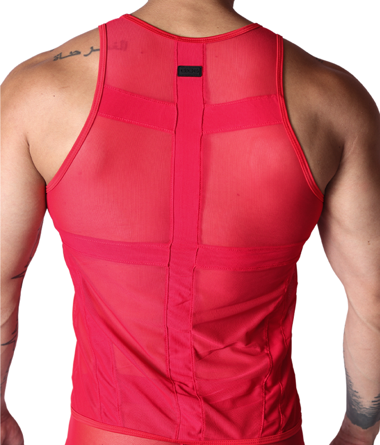 Gigo red panel tank top, back view, sheer mesh fabric with structured panel detailing and black brand label.