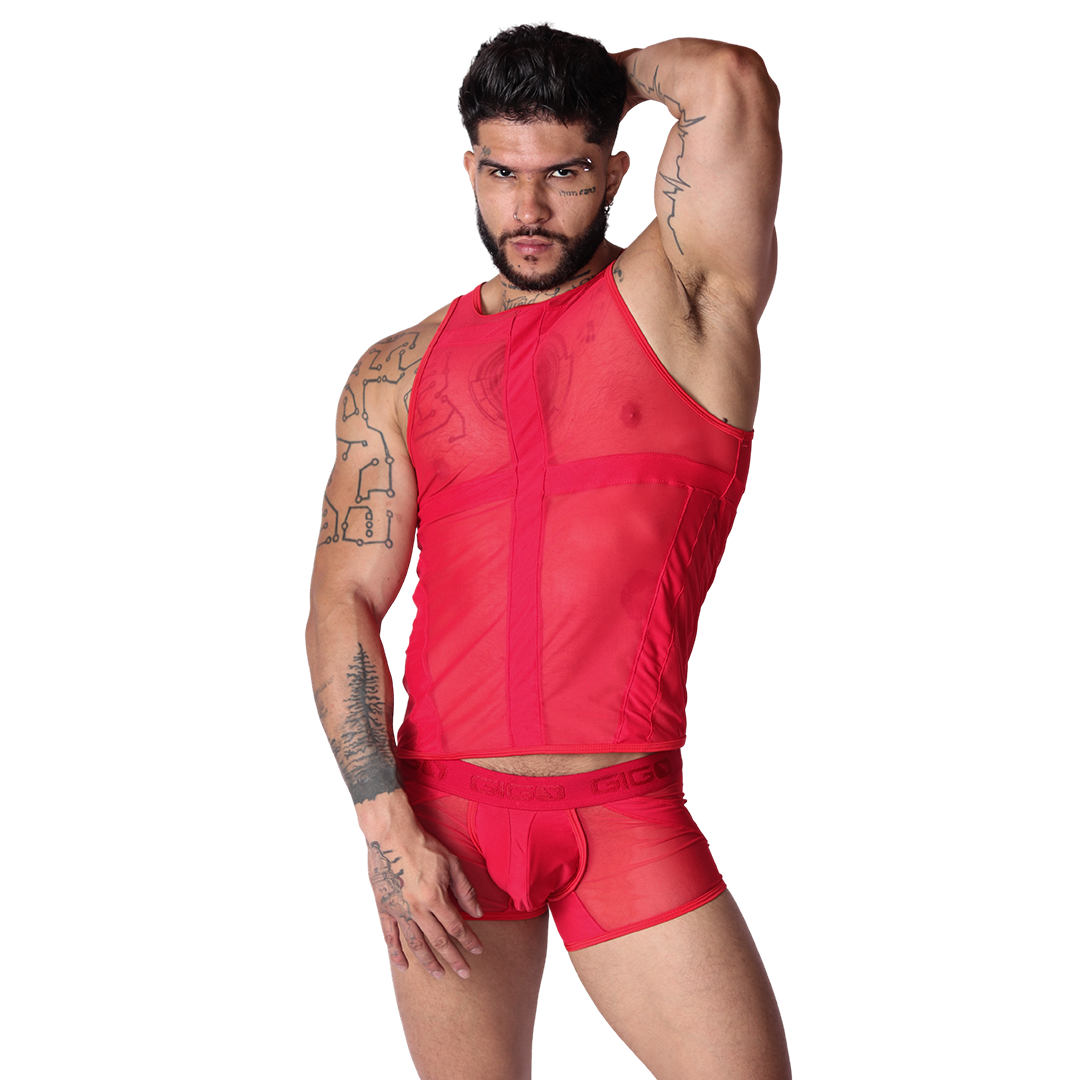 Front view of Gigo men's red sheer mesh panel tank top paired with matching briefs on a model.