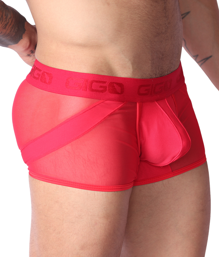 Gigo red mesh panel trunk, side view, showing supportive pouch, branded elastic waistband, and semi-sheer fabric detail.