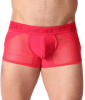 Front view of Gigo red mesh panel trunk with branded elastic waistband and solid fabric center pouch.