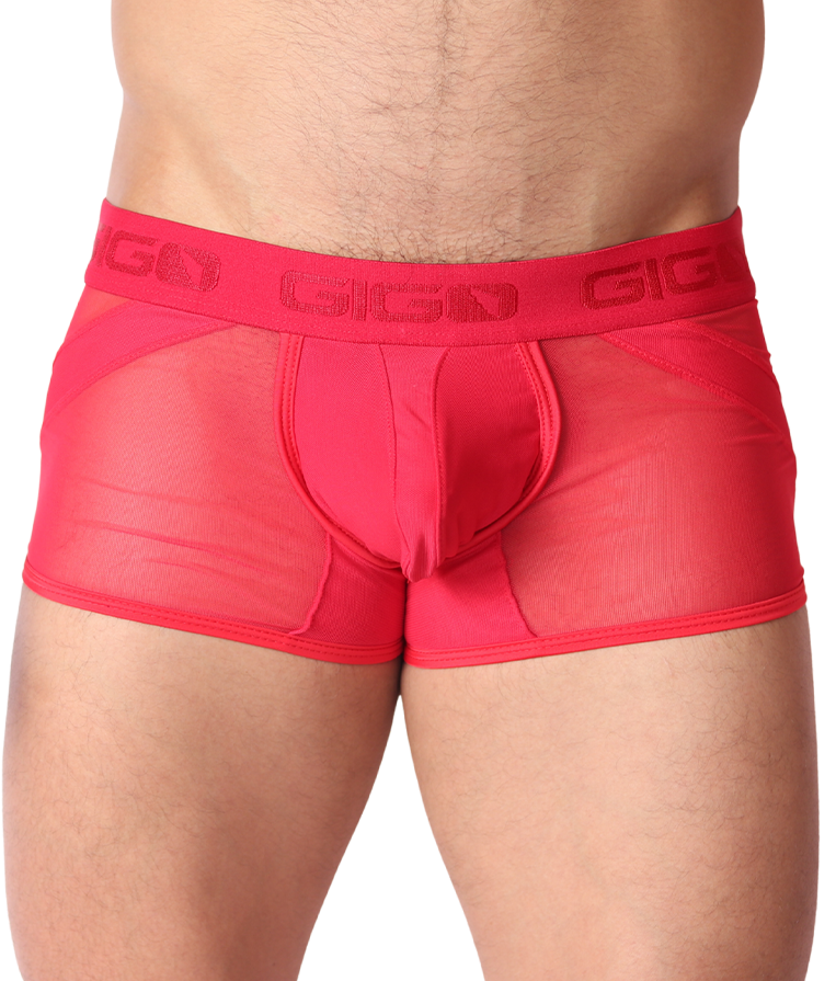 Front view of Gigo red mesh panel trunk with branded elastic waistband and solid fabric center pouch.