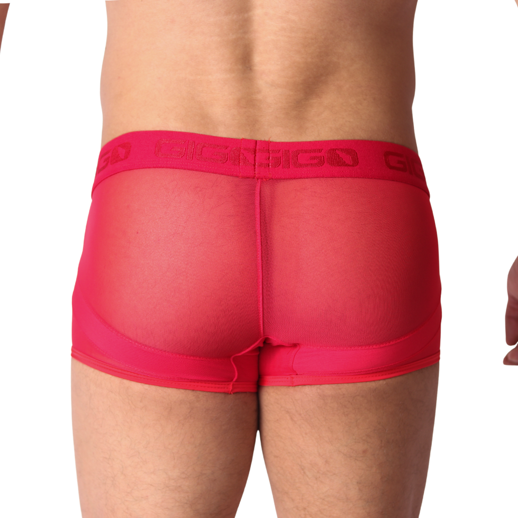 Back view of red Gigo trunk underwear in sheer mesh fabric with logo waistband and solid panel details.