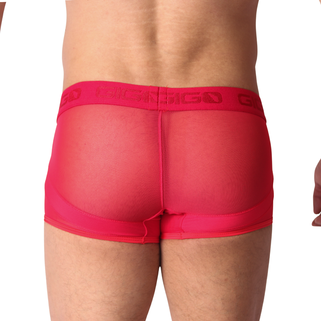 Back view of red Gigo trunk underwear in sheer mesh fabric with logo waistband and solid panel details.